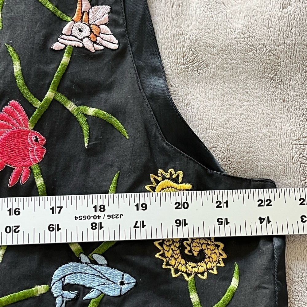 Colorful Embroidered Fish Black Satin Suit Vest Button Front Seahorse Novelty L - Picture 10 of 11